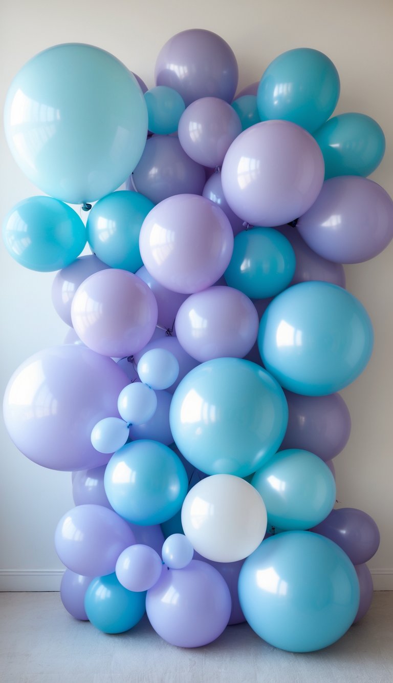 A balloon garland made of soft lavender and baby blue balloons arranged in various sizes against a light background.